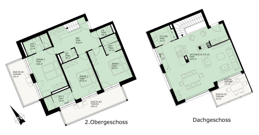 Grundriss einer Maisonette-Wohnung mit Balkonen im Dachgeschoss.