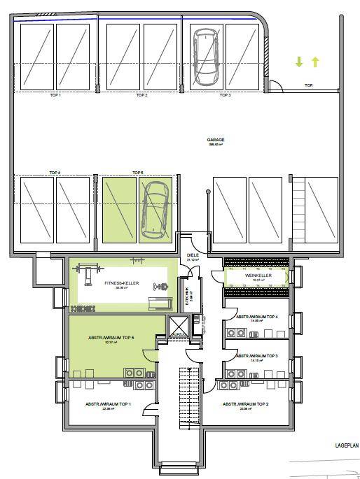 Grundriss des Untergeschosses mit Garage, Fitnesskeller, Weinkeller und Abstellräumen.