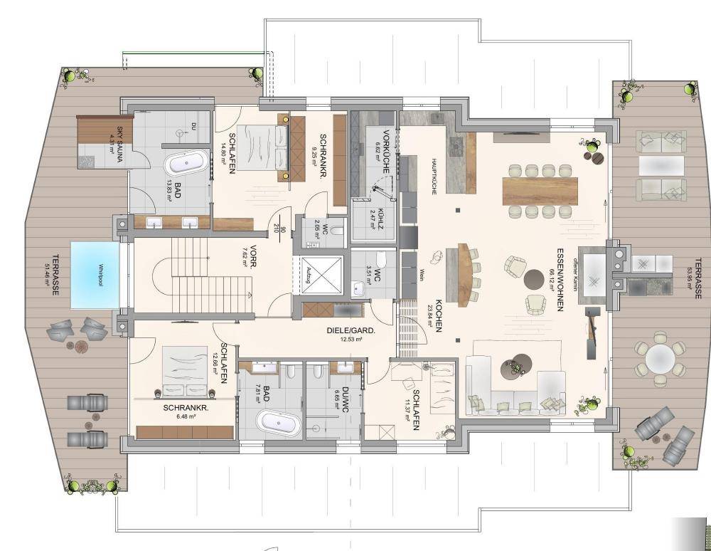 Detaillierter Grundriss mit drei Schlafzimmern, Bädern, offener Küche und großen Terrassen.