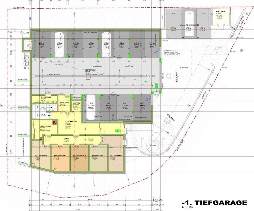 Tiefgaragen-Grundriss mit mehreren Stellplätzen, Kellerräumen und Technikbereich.