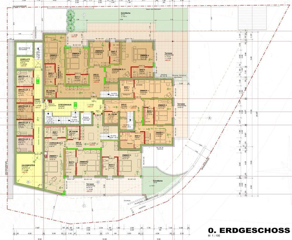 Erdgeschoss-Grundriss mit mehreren Zimmern, Bädern und Terrassenzugängen.