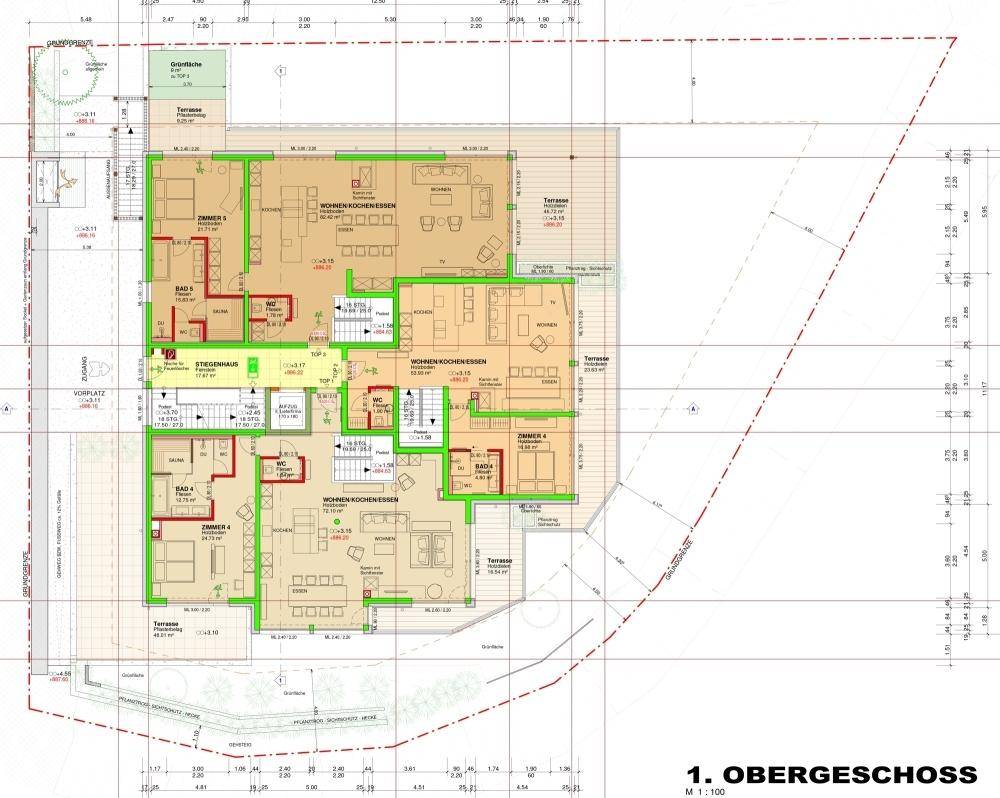 Obergeschoss-Grundriss mit Wohn-Koch-Essbereichen, Schlafzimmern und Terrassen.