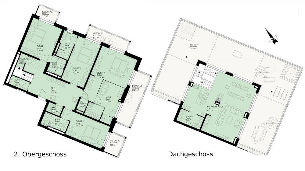 Grundriss einer Maisonette-Wohnung über zwei Etagen mit Balkonen und Dachgeschoss.