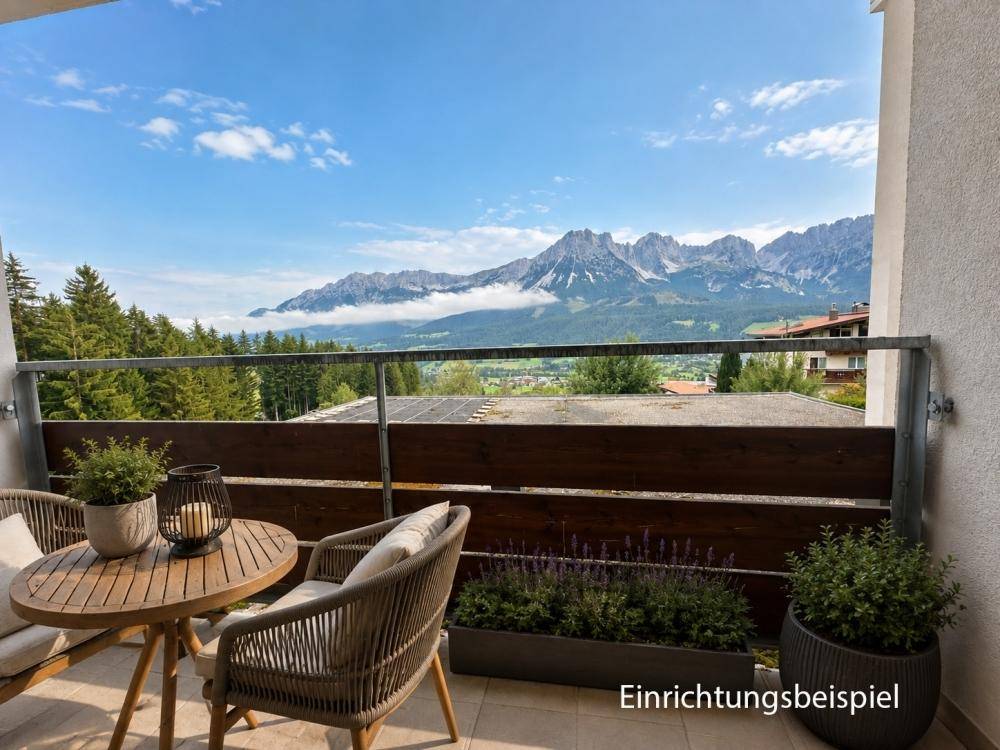 Möblierter Balkon mit atemberaubendem Bergblick und Pflanzen als Einrichtungsbeispiel.