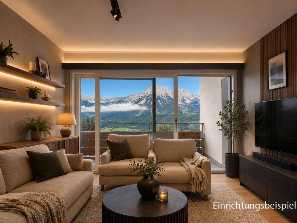 Modernes Wohnzimmer mit bequemen Sofas, Couchtisch und großem Fenster mit Bergblick.