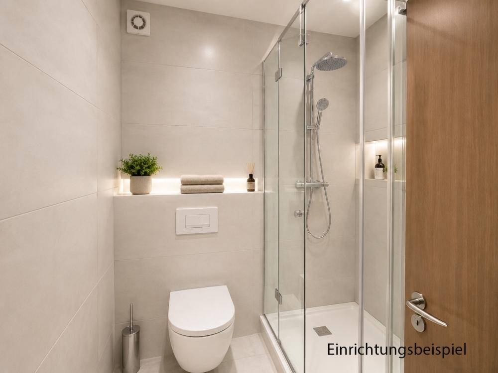 Modernes Badezimmer mit wandhängendem WC und geräumiger begehbarer Dusche.