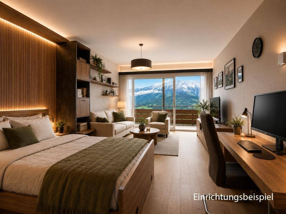 Modernes Studio-Apartment mit Bett, Wohnbereich und Schreibtisch, alles mit Bergblick.