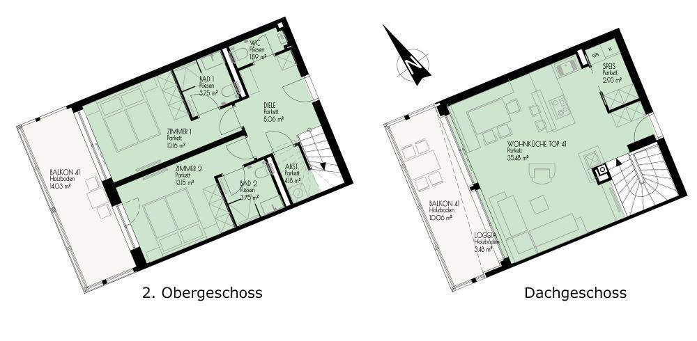 Grundriss einer Maisonette-Wohnung über zwei Etagen mit Balkon und Loggia.