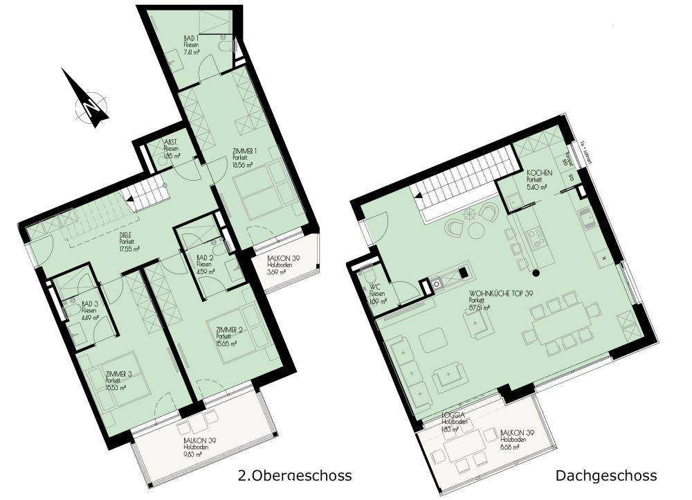 Grundriss einer Maisonette-Wohnung mit Balkonen und Loggia im Dachgeschoss.