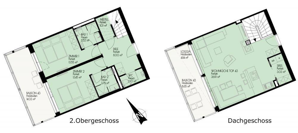 Grundriss einer Maisonette-Wohnung über zwei Etagen mit Balkon und Loggia.