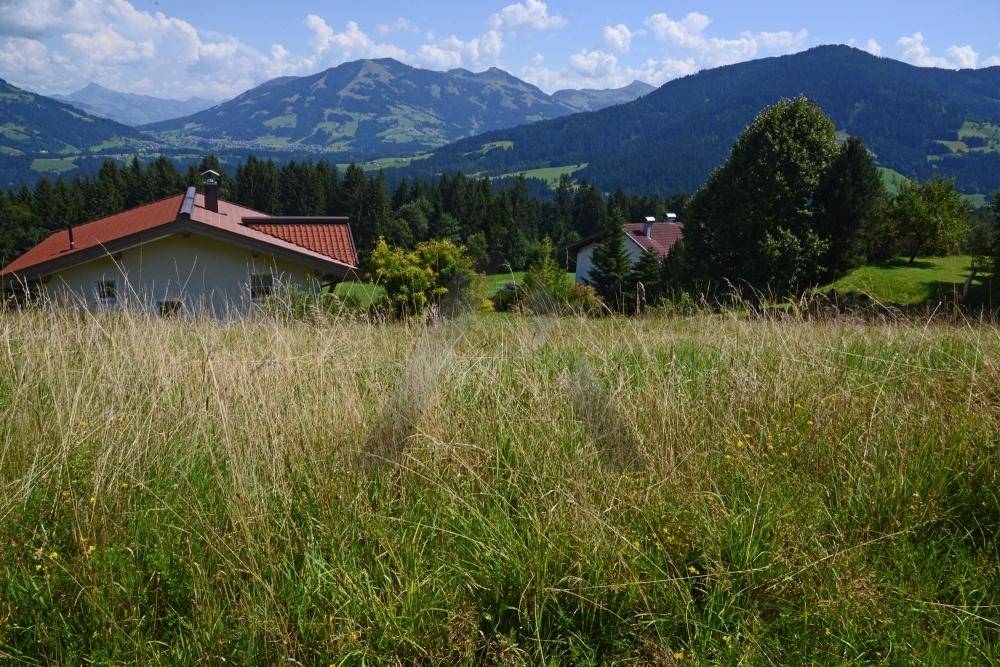 Haus in ländlicher Umgebung mit weitem Blick auf die Berge und grüne Wiesen.