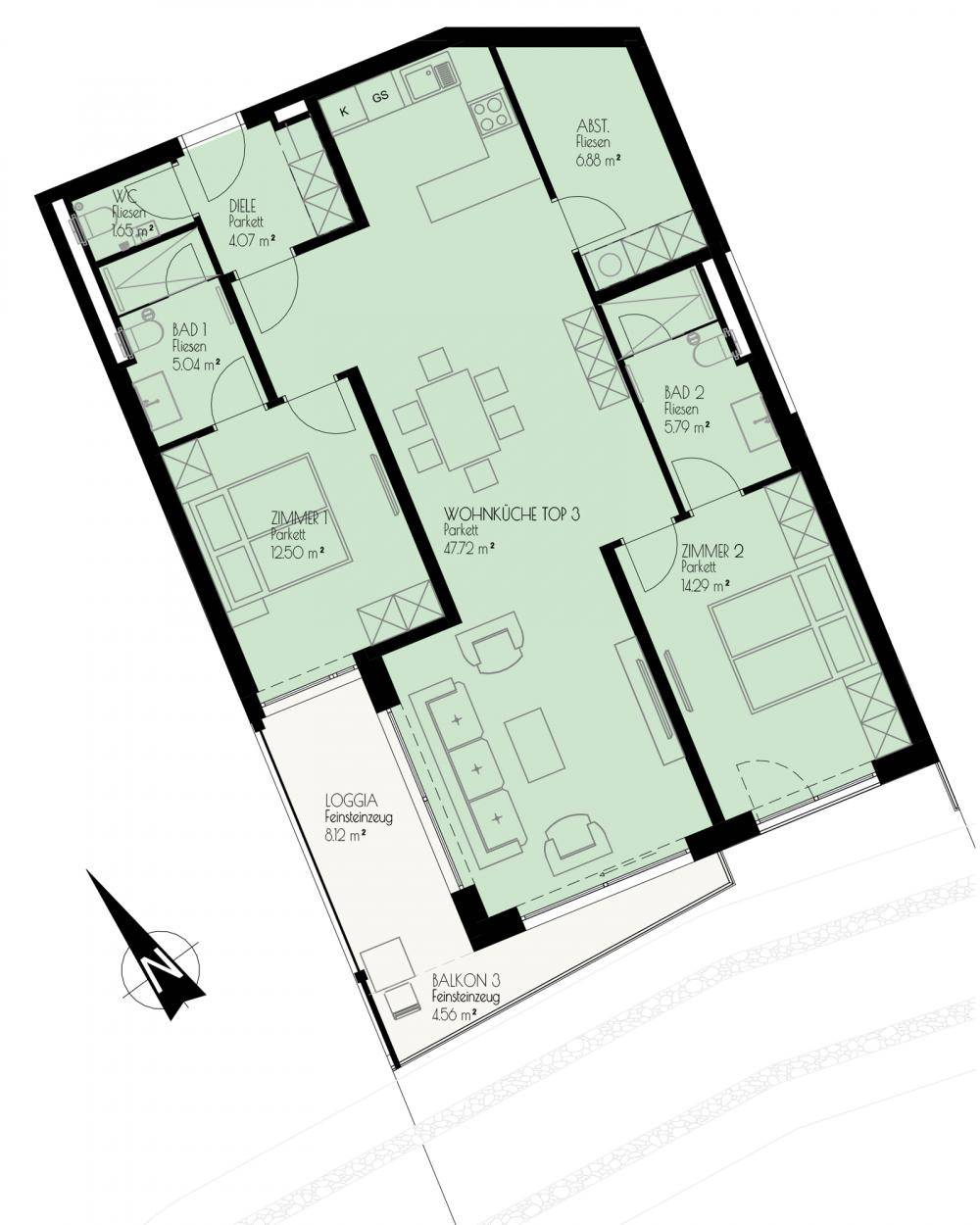 Detaillierter Grundriss einer Wohneinheit mit offener Wohnküche, Loggia und Balkon.