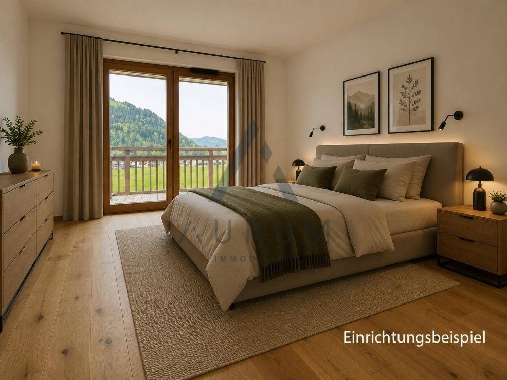 Gemütliches Schlafzimmer mit Holzboden, Balkonzugang und malerischem Blick auf die Berge.