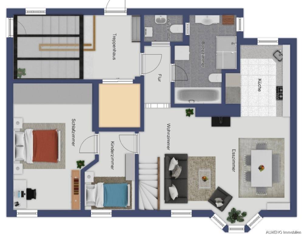Detaillierter Grundriss einer Etage mit Schlafzimmern, Wohnbereich und Badezimmern.