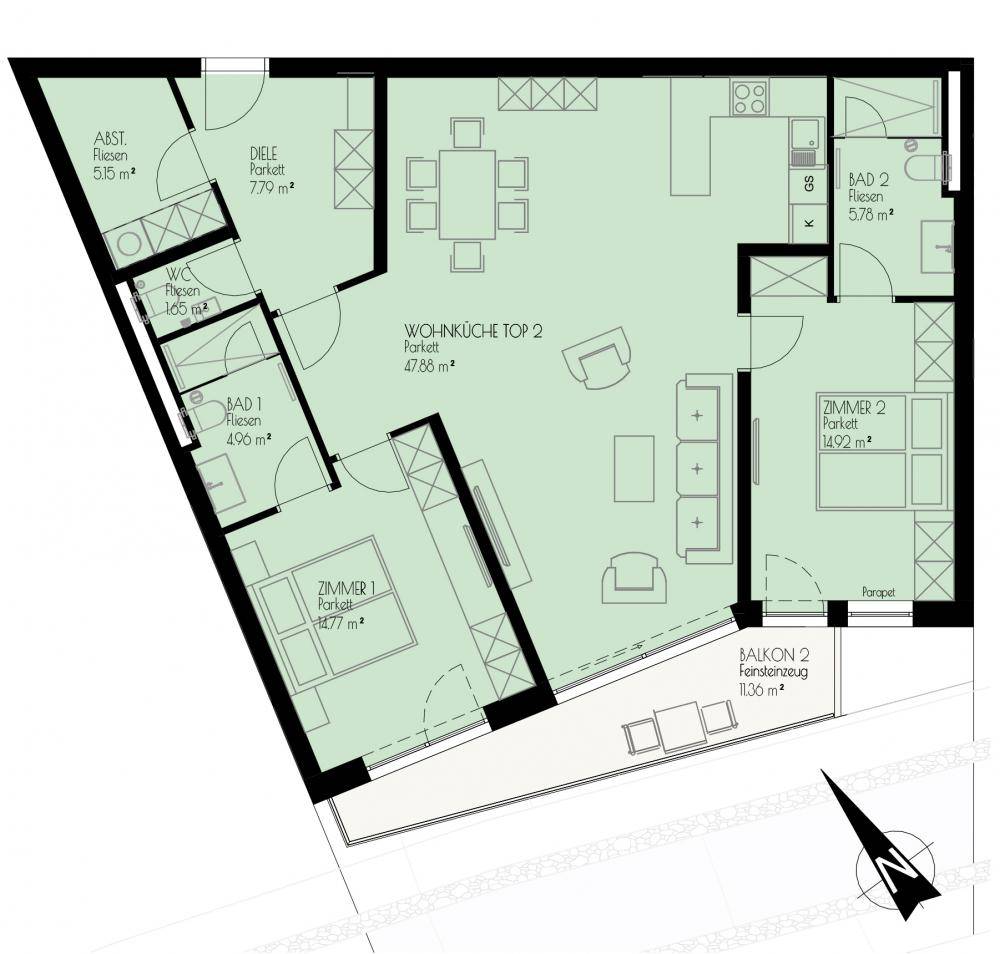 Detaillierter Grundriss einer Wohneinheit mit offener Wohnküche, zwei Bädern und Balkon.