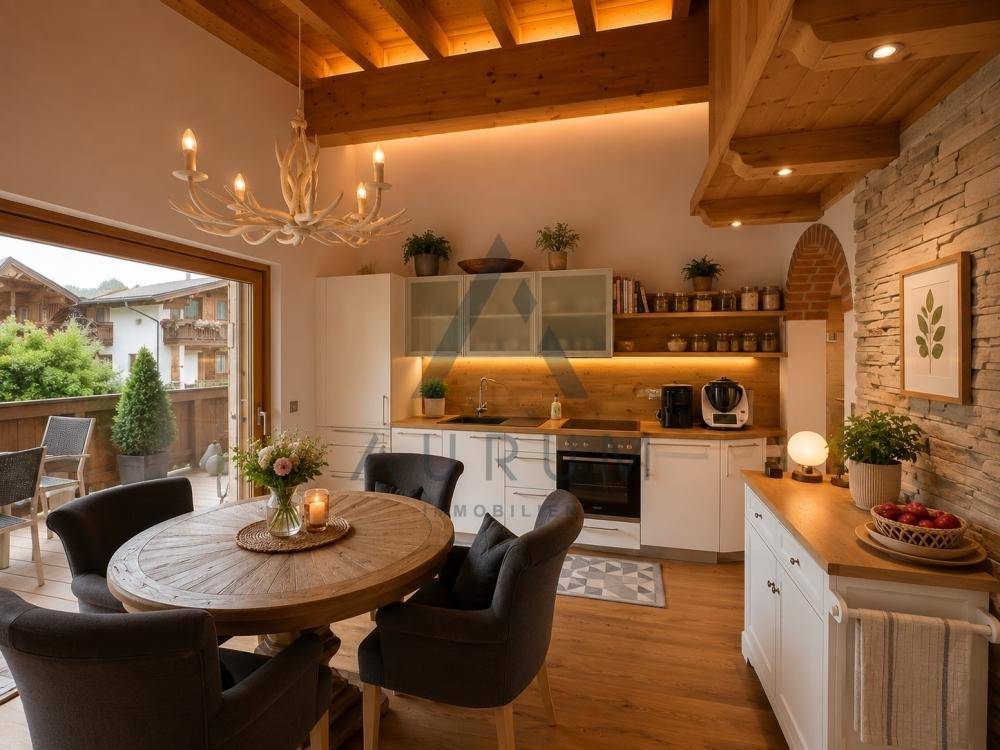Moderne Küche mit weißen Schränken, Holzarbeitsplatten und Essbereich, offen zum Wohnraum mit Balkonzugang.