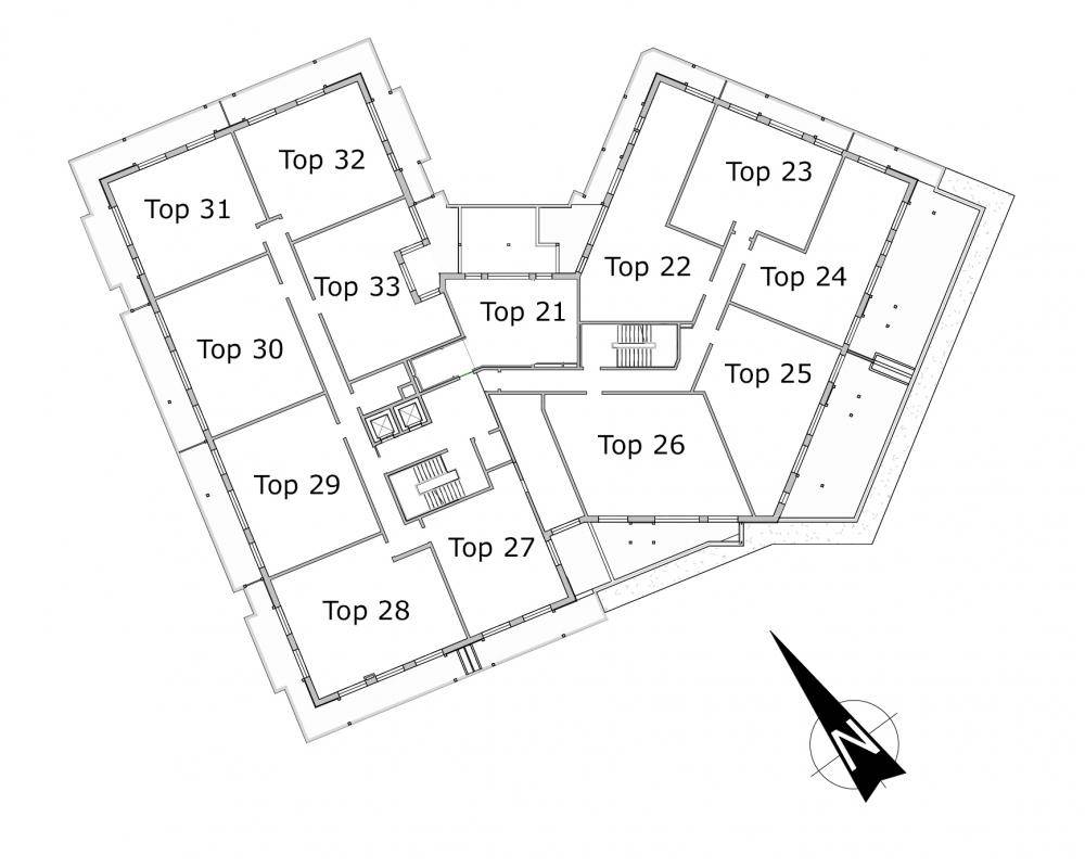 Grundriss einer weiteren Etage mit zahlreichen Wohneinheiten und Zugang zum Treppenhaus.