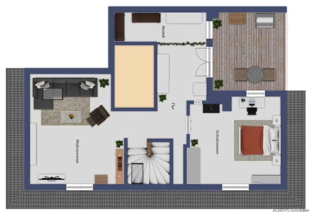 Grundriss der oberen Etage mit Wohnzimmer, Schlafzimmer und großem Balkon.