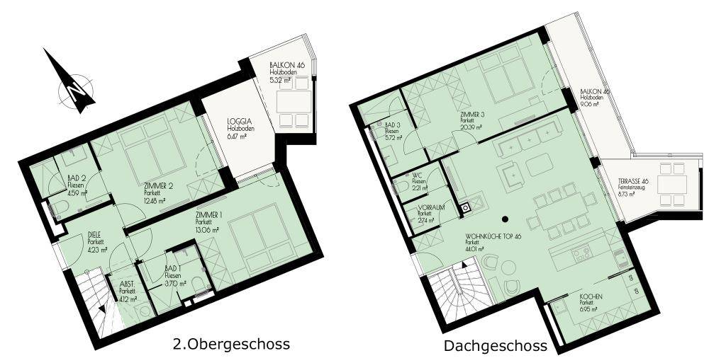 Grundriss einer Maisonette-Wohnung mit Balkon, Loggia und Terrasse im Dachgeschoss.
