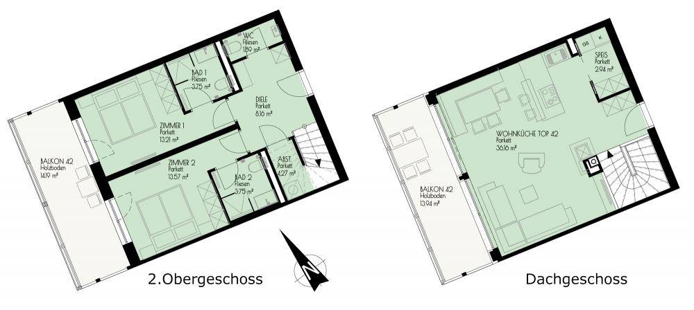 Grundriss einer Maisonette-Wohnung über zwei Etagen mit Balkon und Dachgeschoss.