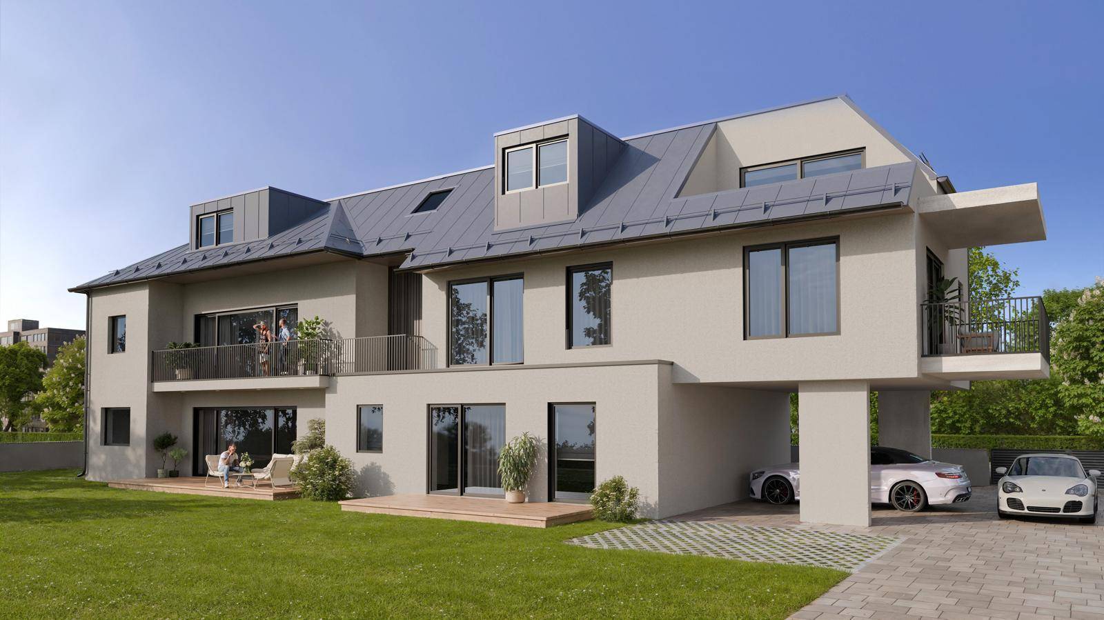 Attraktives Mehrfamilienhaus mit moderner Architektur, Garten und Carport.