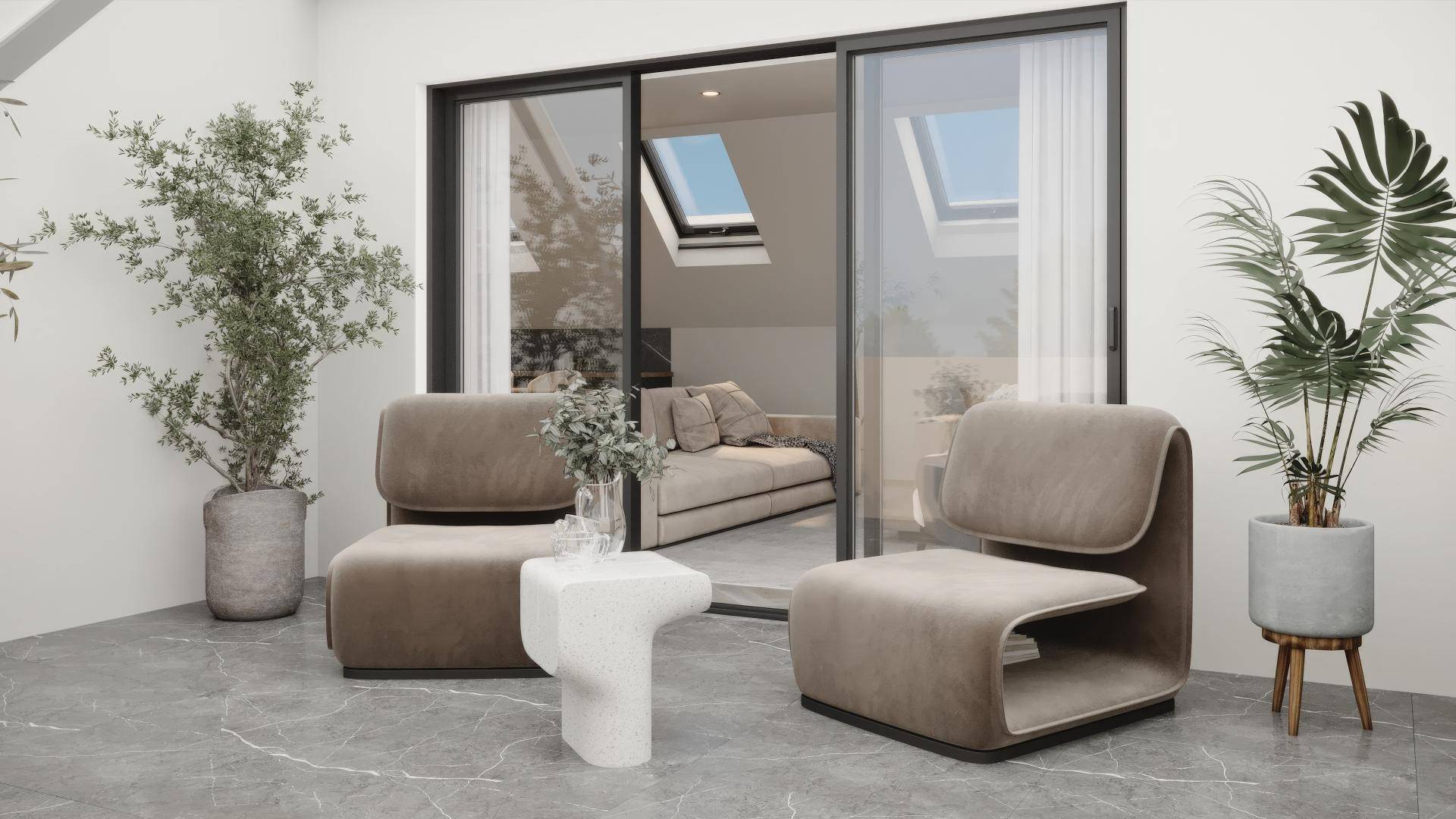 Gemütliche Terrasse mit modernen Sitzmöbeln und Pflanzen, zugänglich vom Wohnbereich.