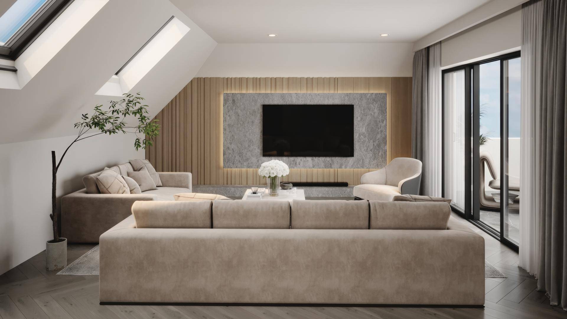 Geräumiges Wohnzimmer mit beigen Sofas, großem TV und Zugang zu einem Balkon.