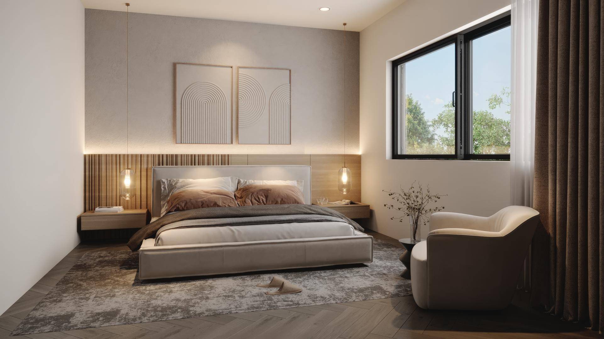 Modernes Schlafzimmer mit großem Fenster, Holzakzenten und indirekter Beleuchtung.