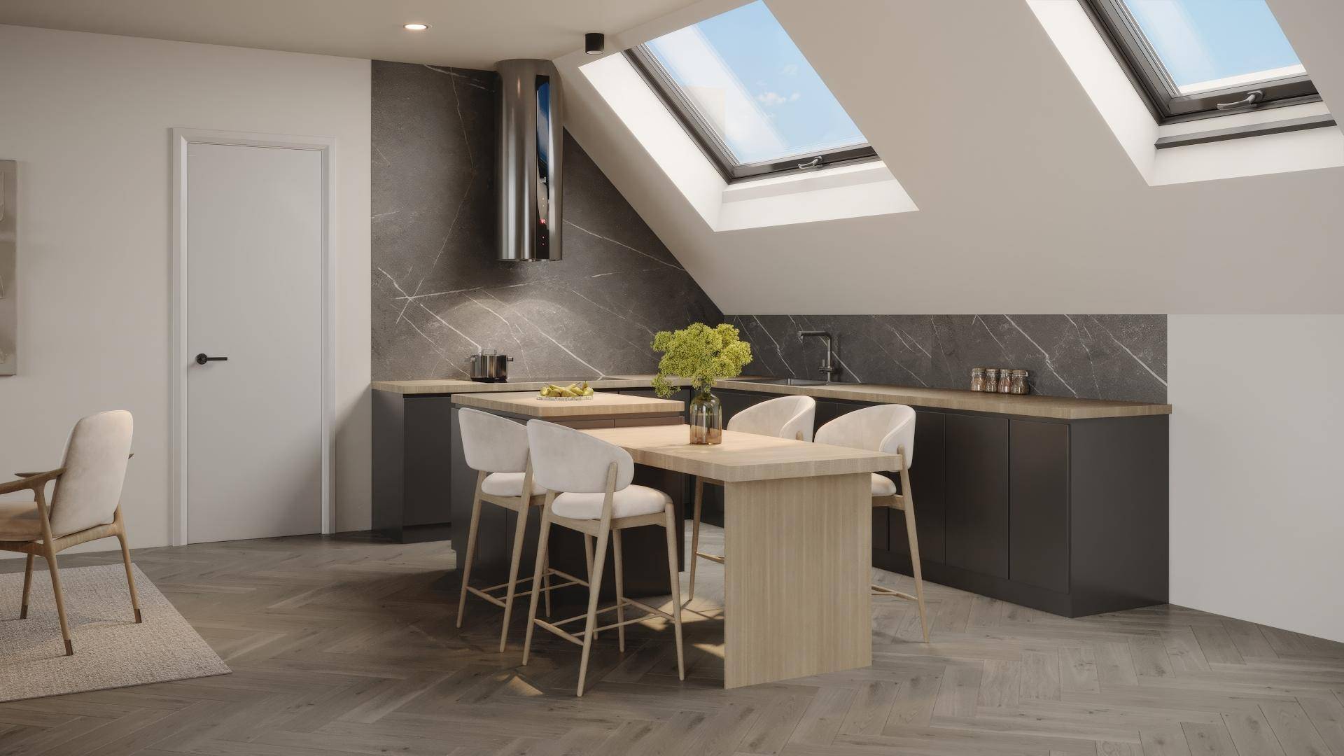 Moderne Küche mit dunklen Schränken, Marmor-Rückwand und Dachfenstern.
