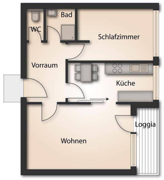 Grundriss einer Wohnung mit Wohnzimmer, Schlafzimmer, Küche, Bad, WC und Loggia.
