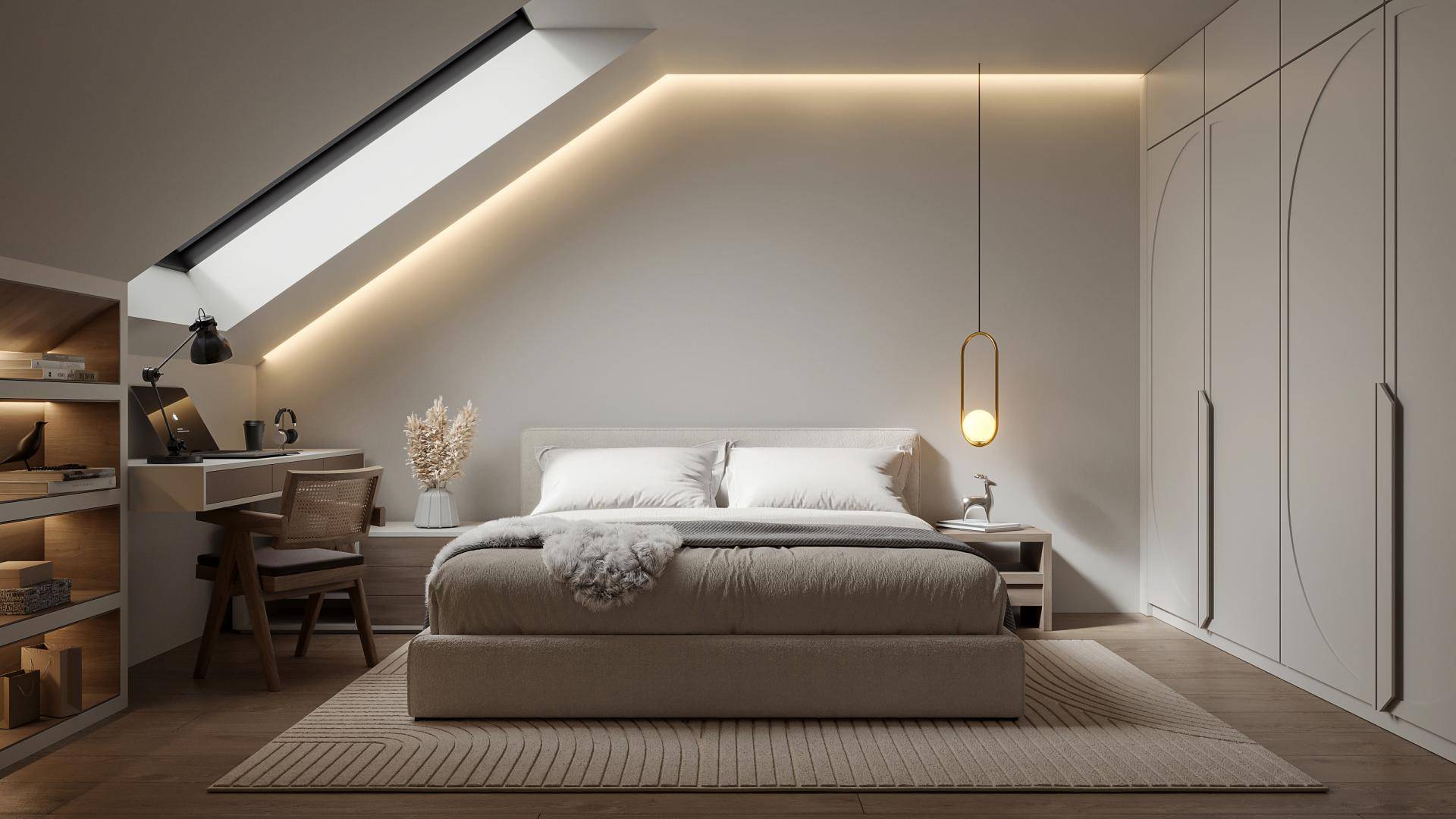 Modernes Schlafzimmer im Dachgeschoss mit Dachfenster, indirekter Beleuchtung und Einbauschränken.