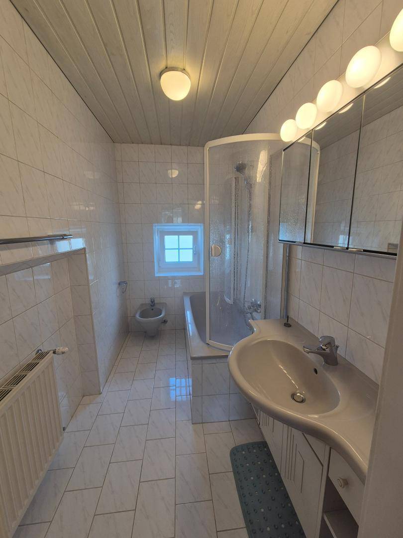 Helles Badezimmer mit Dusche, Badewanne, Bidet und einem einzelnen Waschbecken.