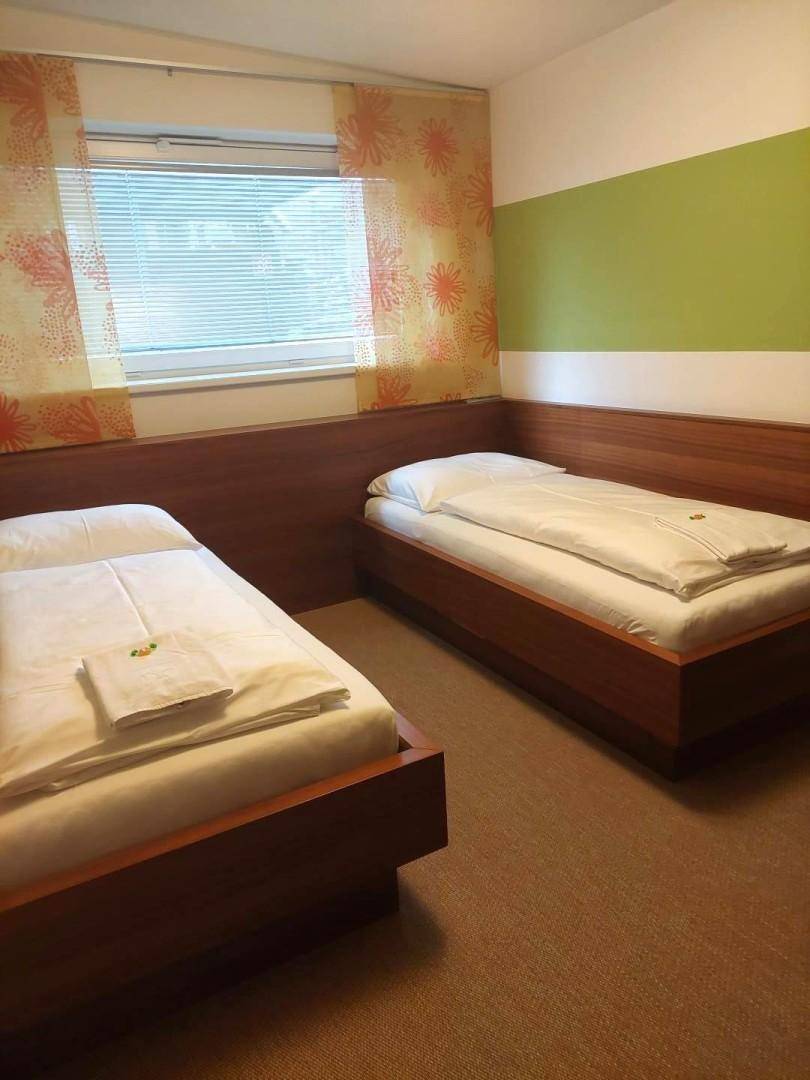 Helles Schlafzimmer mit zwei Einzelbetten, Fenster und farbigen Wänden.