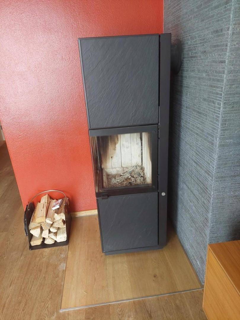 Moderner Kaminofen mit Holzscheiten und roter Akzentwand im Wohnbereich.