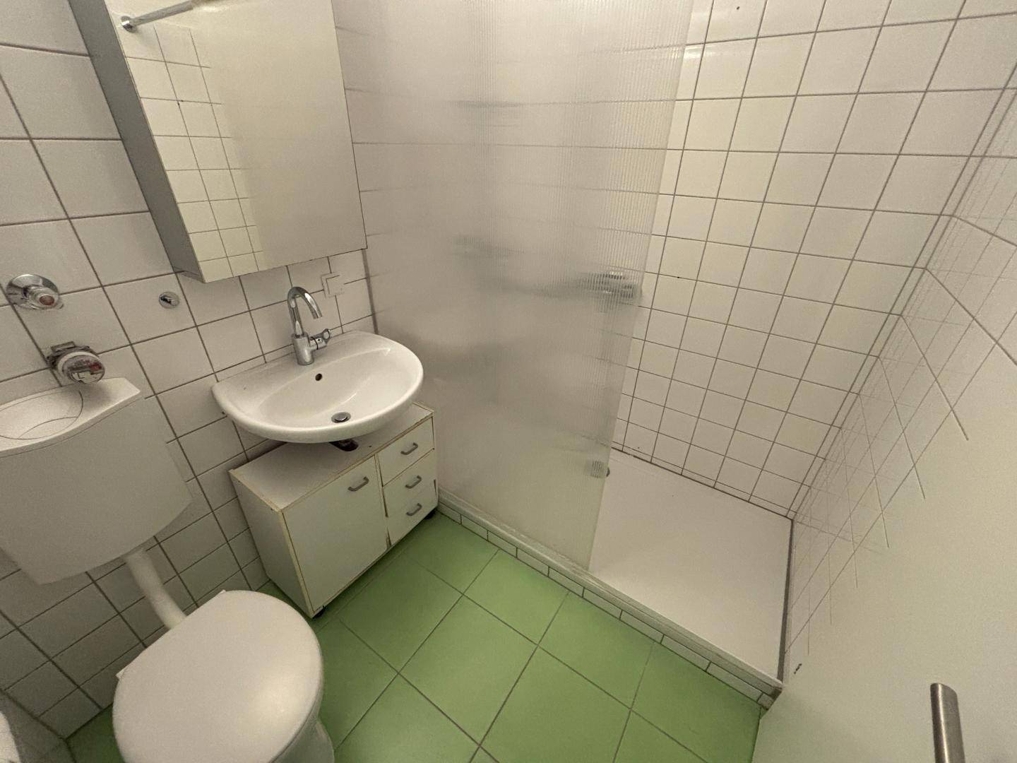 Kleines Badezimmer mit Dusche, WC, Waschbecken und grünen Bodenfliesen.
