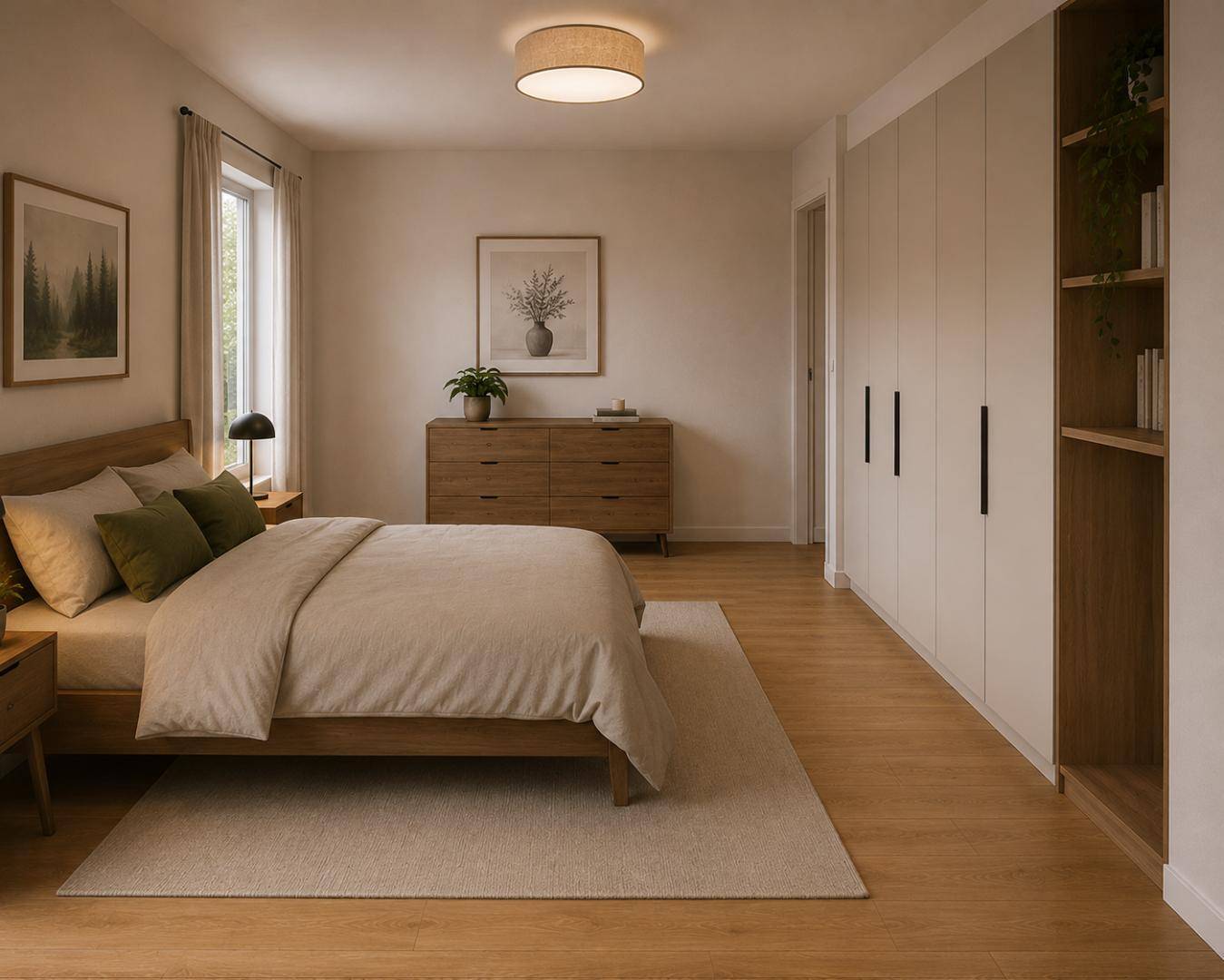Helles Schlafzimmer mit Holzbett, Kommode und integrierten Einbauschränken.