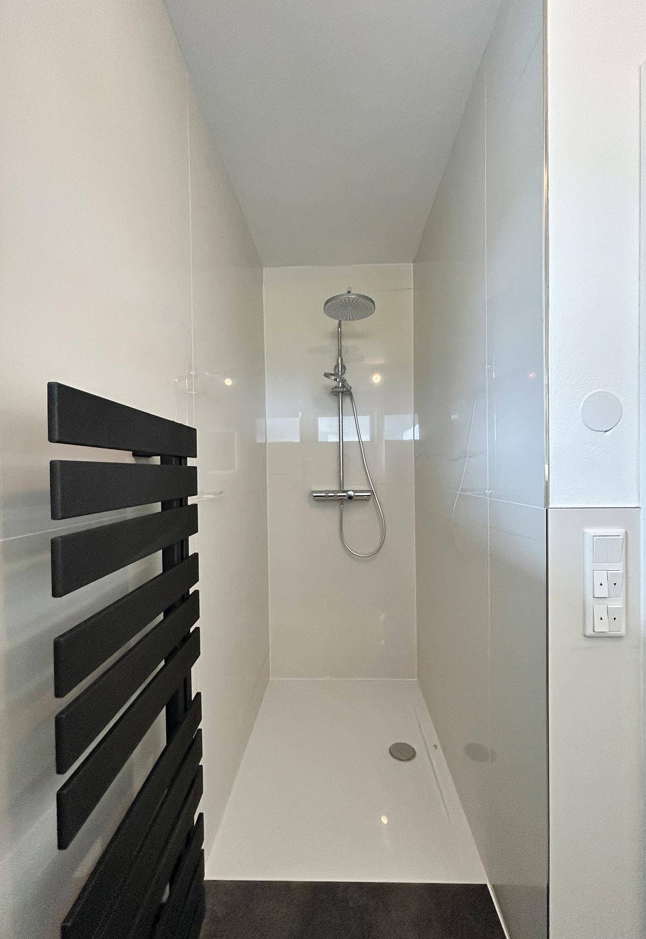 Duschbereich im Badezimmer mit Designheizkörper