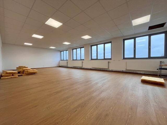Großer, leerer Büroraum mit vielen Fenstern, hellem Laminatboden und weißen Wänden.