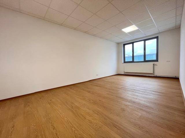Leeres Büro mit großen Fenstern, hellem Laminatboden und weißen Wänden, bereit zur Einrichtung.