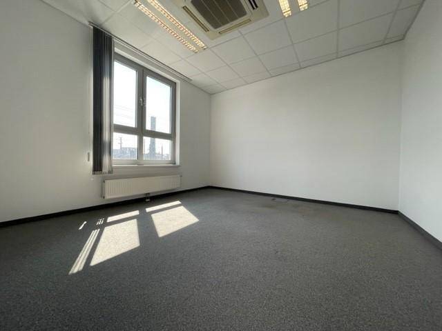 Helles Büro mit Teppichboden, einem Fenster mit Jalousien und einem Heizkörper, durchflutet von Sonnenlicht.