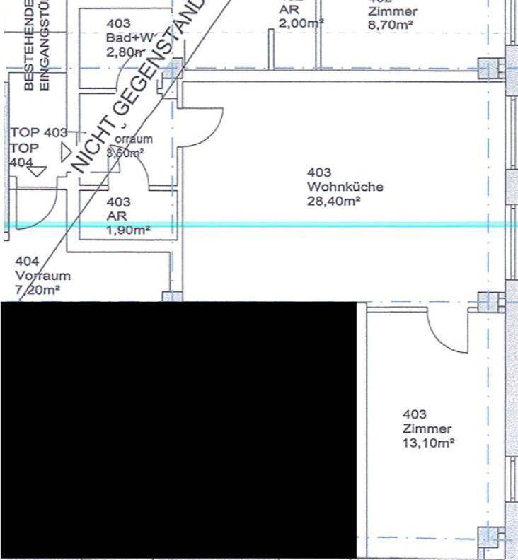 Grundrissplan einer Wohnung mit Wohnküche, Bad und weiteren Zimmern.
