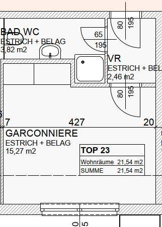 Grundriss einer Garçonnière mit separatem Bad und WC, inklusive Flächenangaben.