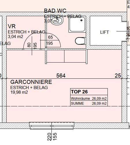 Grundriss einer Garçonnière mit Bad/WC und Liftzugang, inklusive Flächenangaben.