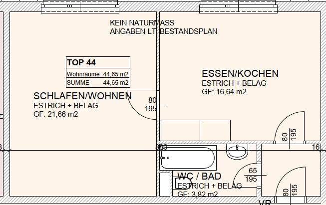 Grundrissplan einer Wohnung mit kombiniertem Schlaf-/Wohnbereich, Ess-/Kochbereich und Bad.