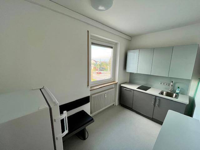 Moderne Küchenzeile mit hellgrauen Schränken, Spüle, Kochfeld und einem Fenster mit Ausblick.