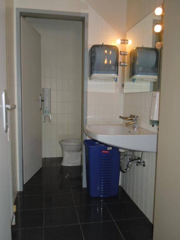 Öffentliche Toilette mit Waschbecken, Spiegel, dunklen Fliesen und einem WC in einem separaten Bereich.