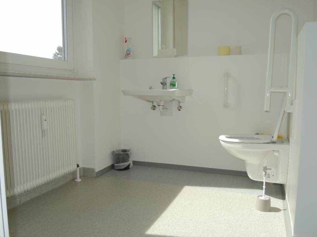 Barrierefreies Badezimmer mit wandhängendem WC, Haltegriffen, Waschbecken und einem Fenster für Tageslicht.