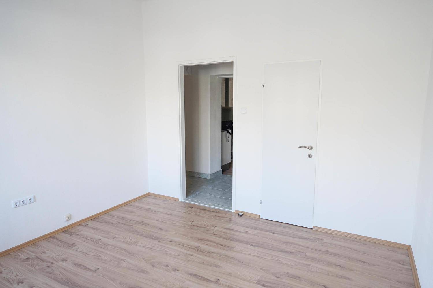 Leerer Raum mit Laminatboden und weiß gestrichenen Wänden, mit offenem Zugang zu einem weiteren Bereich.