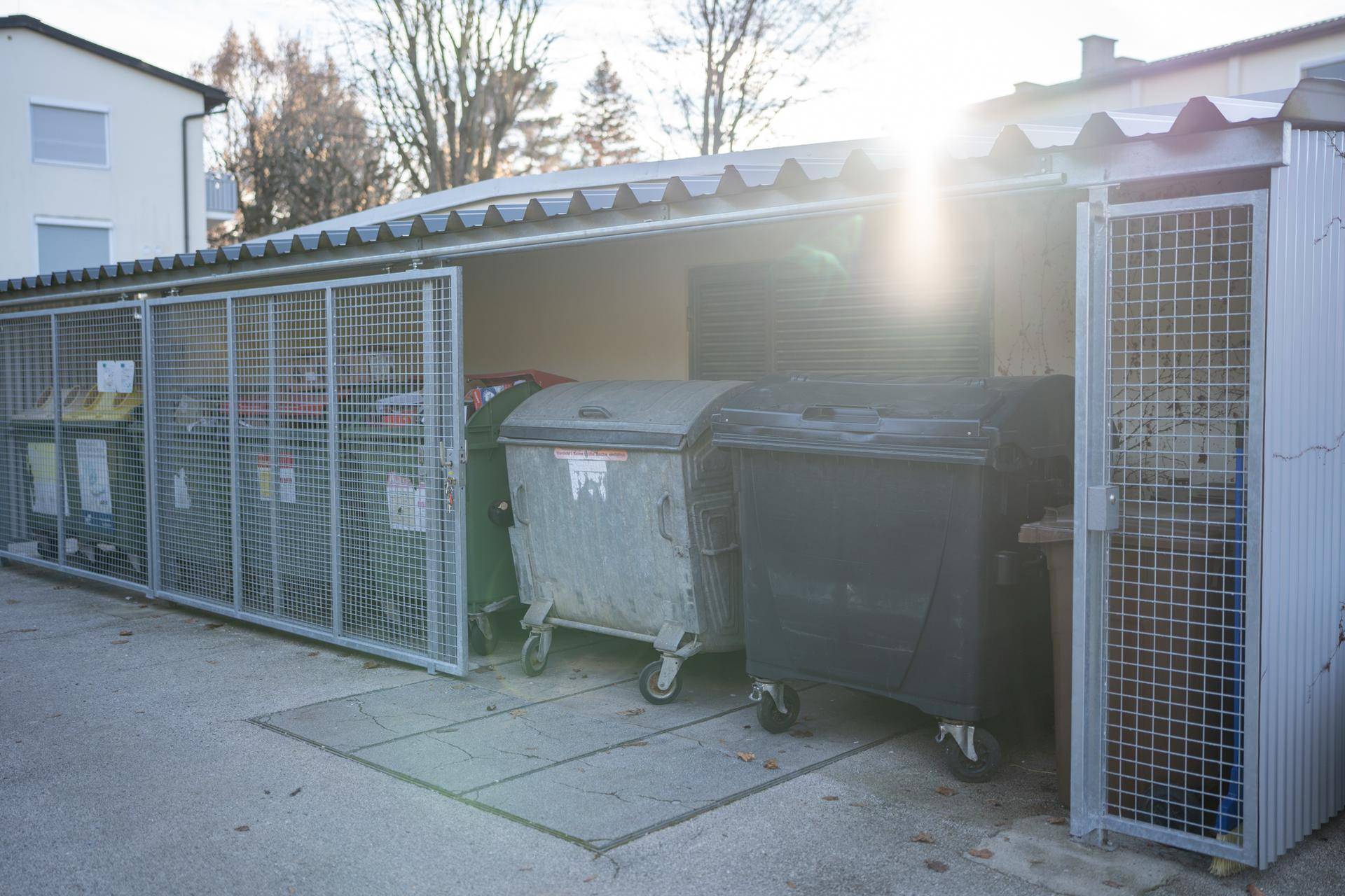 Überdachter Bereich für Mülltonnen und Wertstoffbehälter mit Metallgitter.