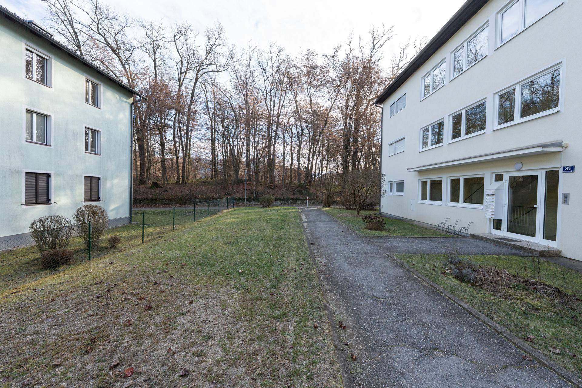 Blick zwischen zwei Gebäuden auf eine bewaldete Fläche im Hintergrund, mit einem gepflasterten Weg.